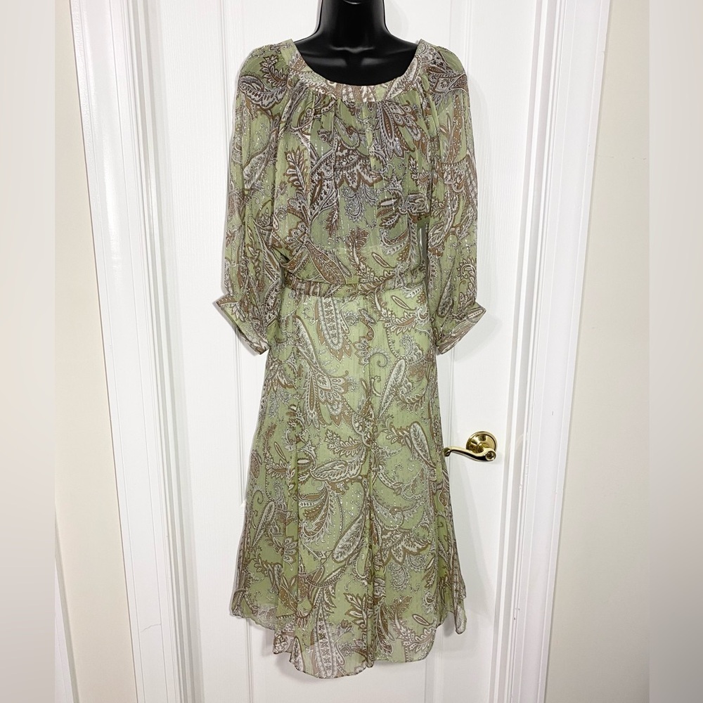 VTG 2 Pc SILK Andre Oliver Sheer Metallic Paisley Skirt & Blouse Set Size 10